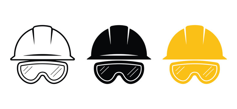 Industrial safety helmet and goggles icon set featuring construction hard hat, protective work gear, workplace safety equipment, and black yellow symbols