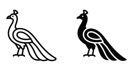 Fototapeta premium Peacock bird icon set featuring minimalist outline and solid black silhouette designs for logo branding nature wildlife and graphic projects