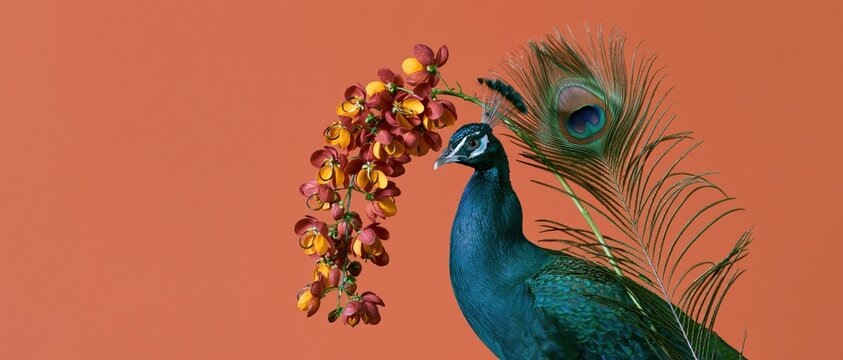 Peacock with cascading kani konna blossoms and a feather, featuring soft lighting and vivid colors for Vishu and Kerala cultural banners