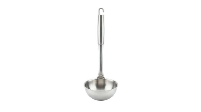 Stainless steel kitchen soup ladle isolated on transparent background for professional culinary and food service use