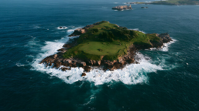 Aerial view of a serene island surrounded by vibrant blue ocean waves, showcasing lush greenery atop rocky terrain.
