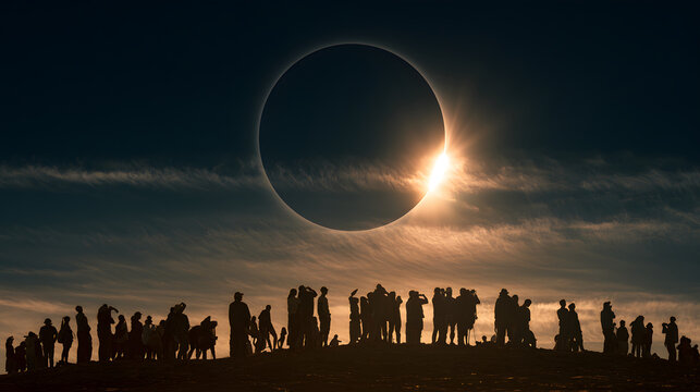 A crowd of silhouettes watches a stunning solar eclipse, with the sun glowing around the moon, creating a magical atmosphere.