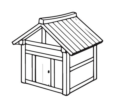 Minimalist Korean Hanok cabin isometric line art icon
