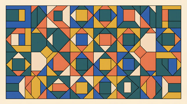 Geometric Quilt Mosaic Pattern - Retro Diamond and Square Tile Design in Blue, Teal, Orange and Gold, Vector Illustration