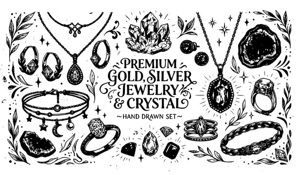 Golden Silver Jewelry Hand Drawn Sketch Set