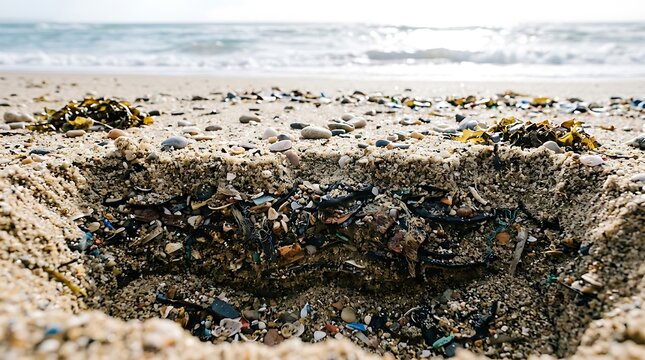 Plastic waste layers lie buried beneath the sand on a coastal beach demonstrating microplastic soil contamination.