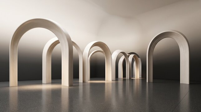 Minimalist concrete archway installation with soft uplighting and reflective floor architectural