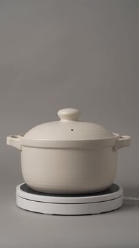 Minimalist white ceramic cooking pot product video, ai generated