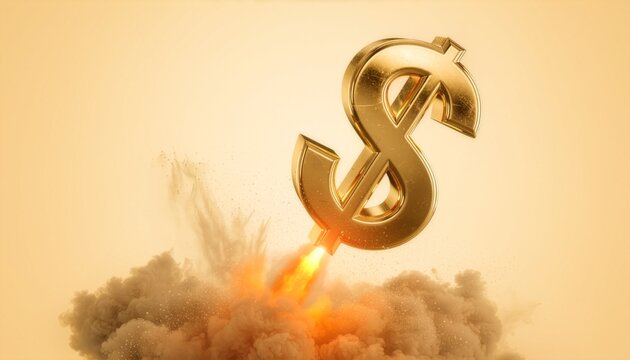 Conceptual 3D illustration of a golden dollar sign launching upward like a rocket with fire and heavy smoke, symbolizing high inflation, rapid financial growth, and market boom.