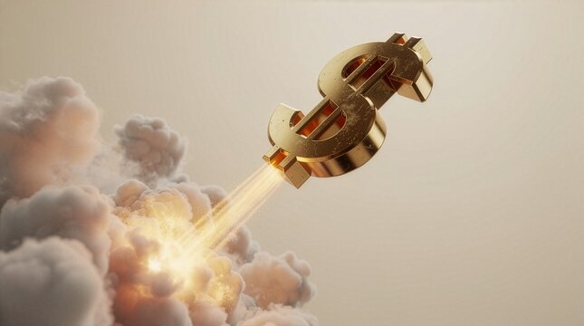 Conceptual 3D illustration of a golden dollar sign soaring diagonally upward propelled by a powerful beam of light and smoke, symbolizing stock market growth and high inflation.