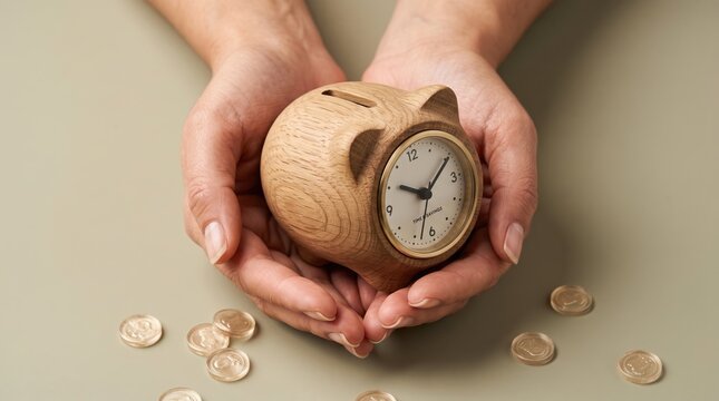 Hands holding wooden cat piggy bank clock with coins on table