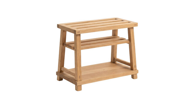 Small wooden shelf unit with two tiers isolated on transparent background for home organization and furniture