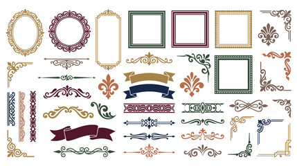 Retro ornament borders with ribbons and colorful corners. © Ojufa