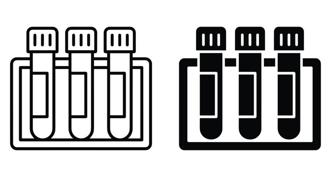 Laboratory test tube rack icon set with three vials for medical research chemistry analysis clinical blood sample testing equipment