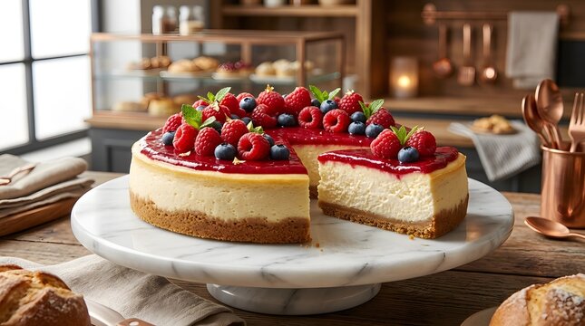 Delicious homemade New York style cheesecake with fresh berries on a marble stand inside a rustic kitchen setting.