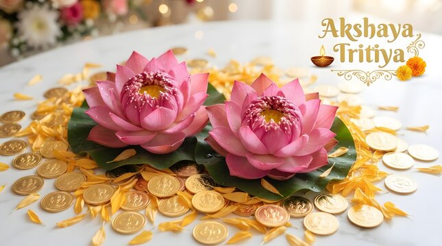 Akshaya tritiya festival background with pink lotus flowers and gold coins on a marble surface, symbolizing prosperity, wealth, and auspicious beginnings
