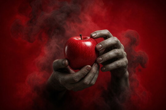 Creepy gray zombie hands holding a glossy red apple against a deep red background surrounded by atmospheric smoke, creating a dark Halloween concept.