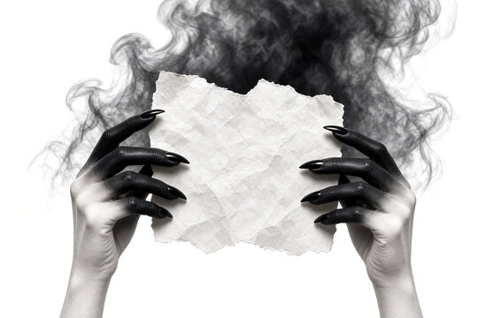 Black witch hands holding a torn blank sheet of white paper against a white background with dramatic black smoke, creating a mysterious Halloween concept.