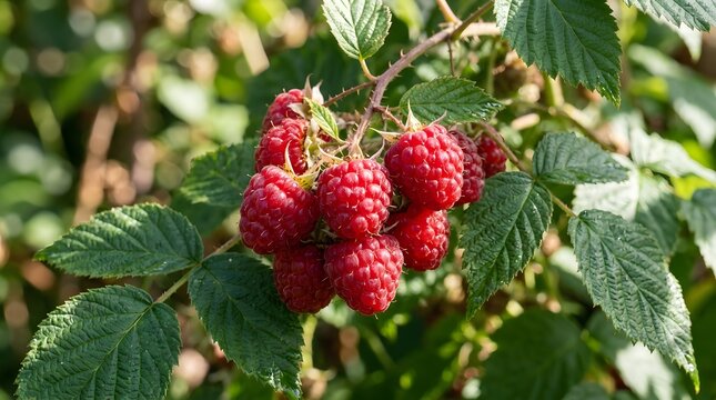 A close-up shot of a lush raspberry bush featuring plump, ripe red berries ready for harvesting.