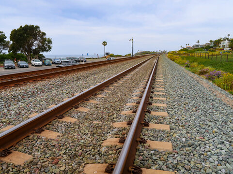 Double Track Railroad Lines Along Coastal San Elijo Beach in Encinitas California USA