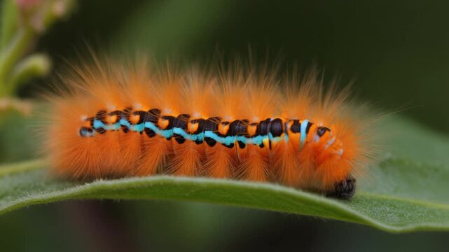 Orange fuzzy caterpillar crawling on green leaf macro shot with shallow depth of field cinematic motion