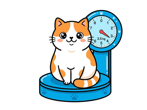 A cute cartoon orange and white cat sitting on a blue weighing scale, showing a weight of 3.5 kg, with a happy expression.