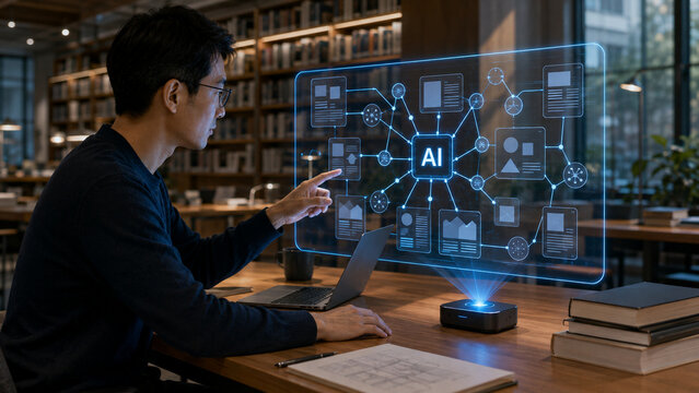 Researcher exploring artificial intelligence knowledge graph in digital library