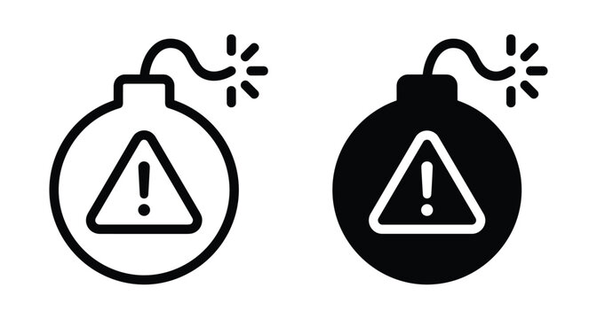 Bomb icon set with warning triangle exclamation mark symbol for danger alert explosive threat security risk notification flat design