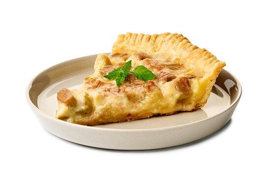 Slice of homemade rhubarb tart with flaky golden crust on ceramic plate, with rhubarb, tart, slice, crust detail, showing pastry, bakery, dessert, plate context