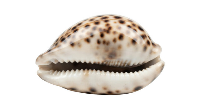 Spotted cowrie seashell isolated on transparent background for nautical beach decor and ocean life imagery