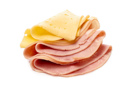 Stacked sliced ham and cheese on white background close-up, with ham, cheese, slice, deli detail, showing meat, coldcut, lunch, sandwich context, with clear visible detail