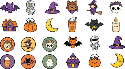 Fototapeta premium Kawaii Halloween icon set with 24 vector elements. Cute spooky characters, purple and orange cartoon stickers, festive holiday graphics.
