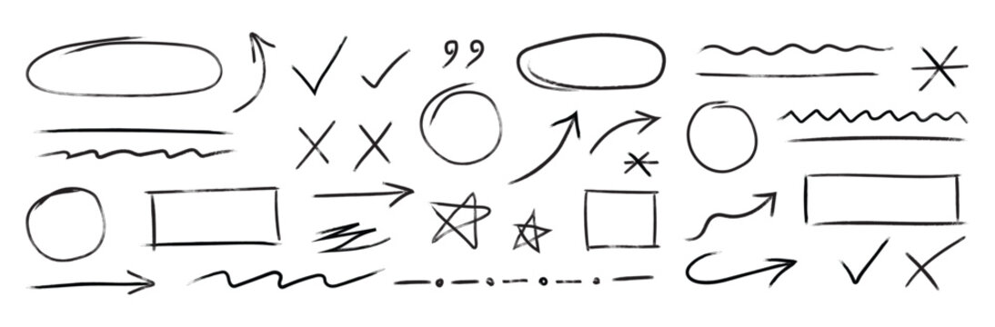 Arrow hand drawn line set. Hand drawn arrow line mark underline check brush doodle sketch highlight. symbols and sketch shapes collection. vector illustration