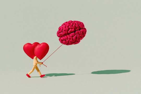 Small paper-cut figure carrying a heart and brain on a soft grey background, featuring tactile textures and copy space for mental wellness and therapy