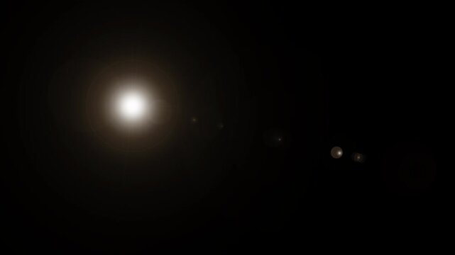 Animated optical lens flare with glowing light source and moving reflections on dark background, cinematic light effect with alpha channel