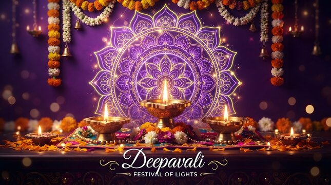 Deepavali festival of lights greeting card with glowing oil lamps and intricate mandala pattern