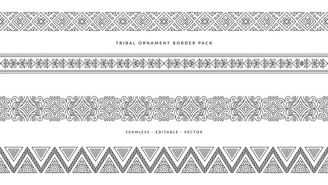 Set of black tribal ornament borders with geometric patterns isolated on a transparent background