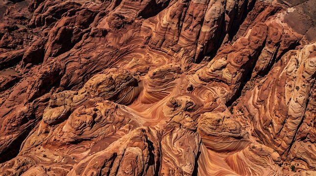 Aerial view of textured red sandstone rock formations with wavy patterns