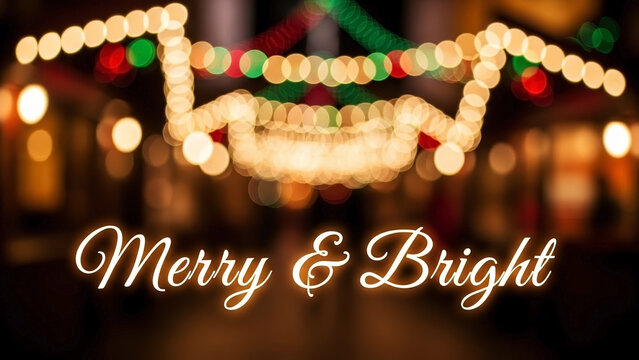 Merry Bright glowing typography set against a warm festive light bokeh, perfect for holiday season greetings, event promotions, social media posts, and seasonal marketing