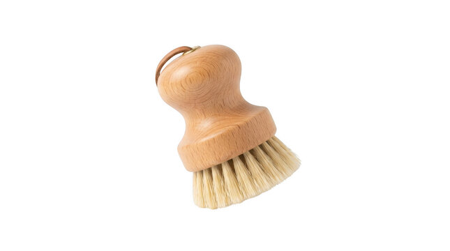 Small wooden scrub brush with natural bristles and a loop handle isolated on a transparent background for cleaning