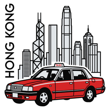 Retro style Hong Kong city skyline poster featuring a classic red taxi cab against modern skyscrapers. Great vector illustration for Asian travel tourism and urban cityscape graphics.