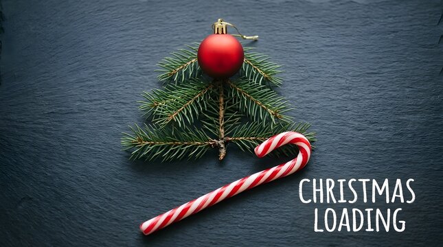 Christmas loading concept with fir tree branch, red bauble and candy cane on dark background