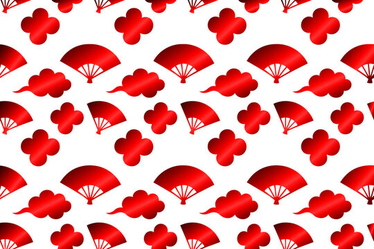Red Japanese fans and clouds pattern