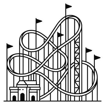 Complex twisting roller coaster track vector illustration with flags in simple line art style. Excellent detailed graphic for fairground map designs and theme park construction concepts.