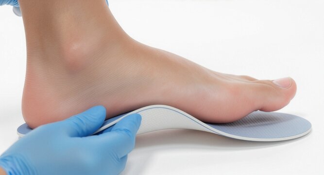 Close-up of a specialist fitting a custom orthopedic insole under a patient's foot, demonstrating arch support for flat feet correction in a medical or podiatry clinic setup.