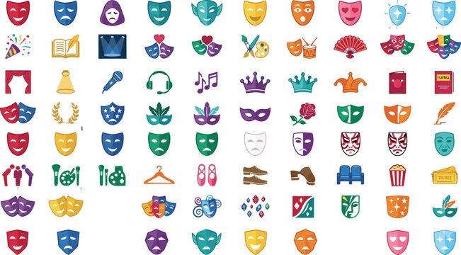 Colorful theater and entertainment icon collection featuring masks music costumes stage props and performance symbols