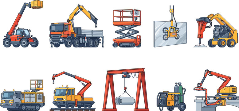 Construction lifting machinery collection featuring cranes excavators telehandlers loaders aerial platforms and industrial equipment