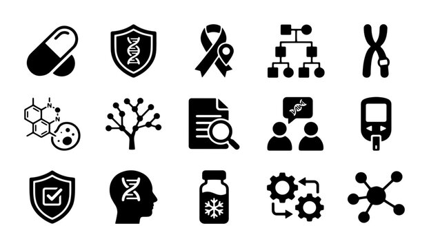 Genetics and medical research icons, 15 black vector symbols for biotechnology and healthcare, DNA science and laboratory icons set