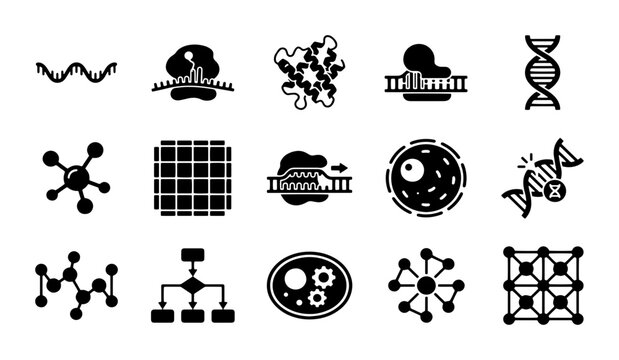 Molecular biology icons set. 15 black vector symbols for genetics, DNA research, and biotechnology. Scientific laboratory infographic elements.