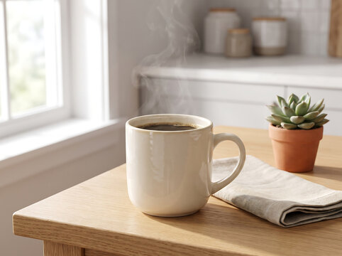 A steaming mug of hot black coffee on a wooden table in a bright cozy home kitchen setting transparent background